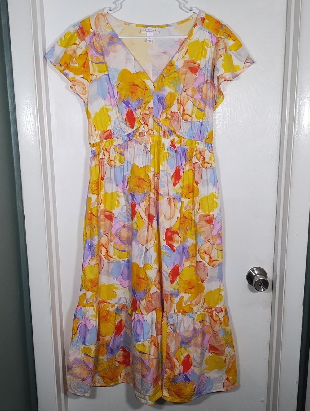 Isabel Maternity Dress M Flutter Sleeve Yellow Floral Midi Pockets Tiered Ruffle